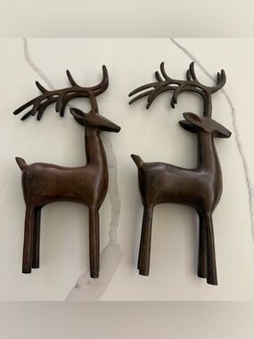Bronze Deer Figurines Pair Decorative Metalware Collectible